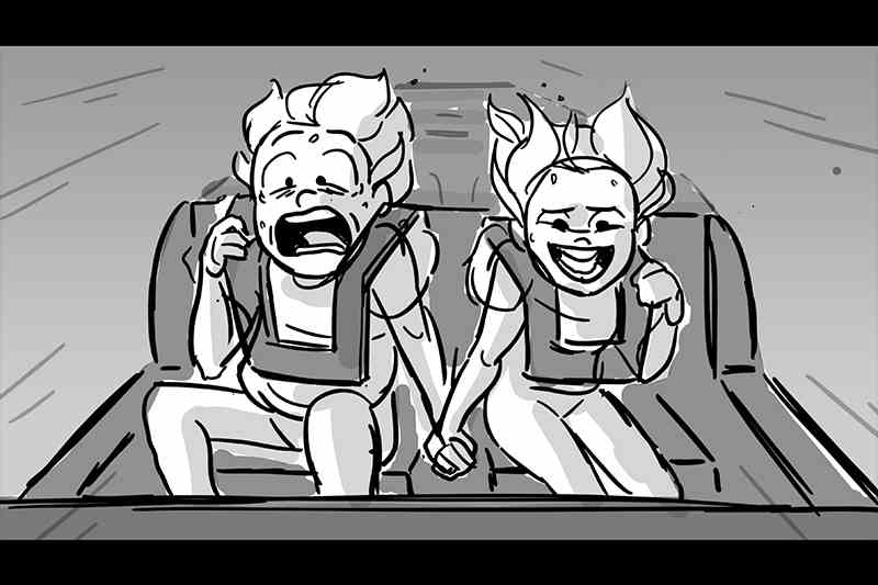 Two characters on a rollercoaster