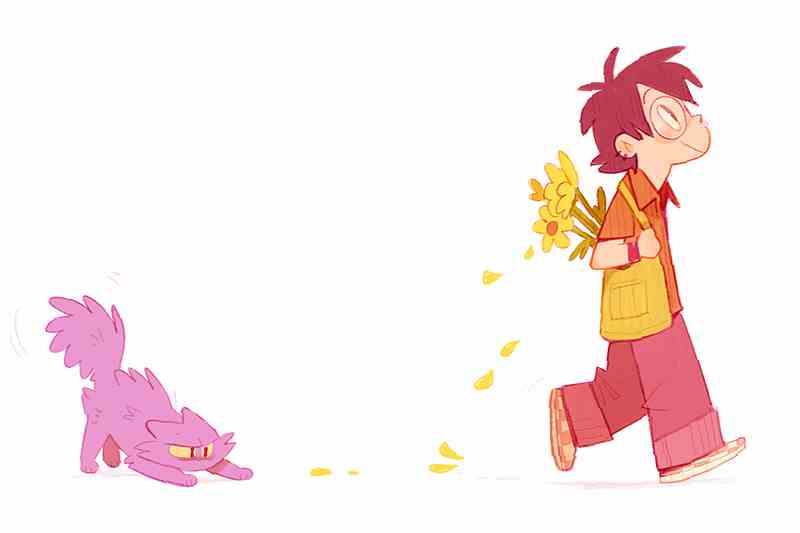 boy walking with yellow flowers followed by a pink cat