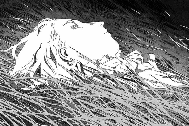 Black and White Image of Animated Character Laying In Grass