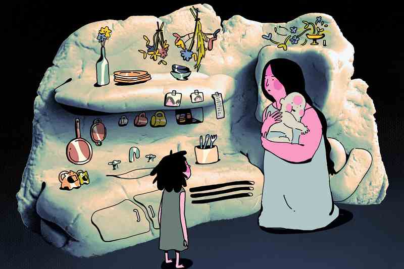 Animated Stone Kitchen and a child and Mother against a black background