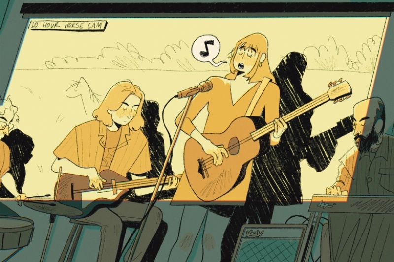 Characters playing guitars and other instruments