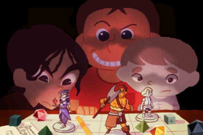 Three characters playing intense board game