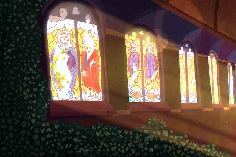 Animated Stained Glass with Grass Growing Beneath 