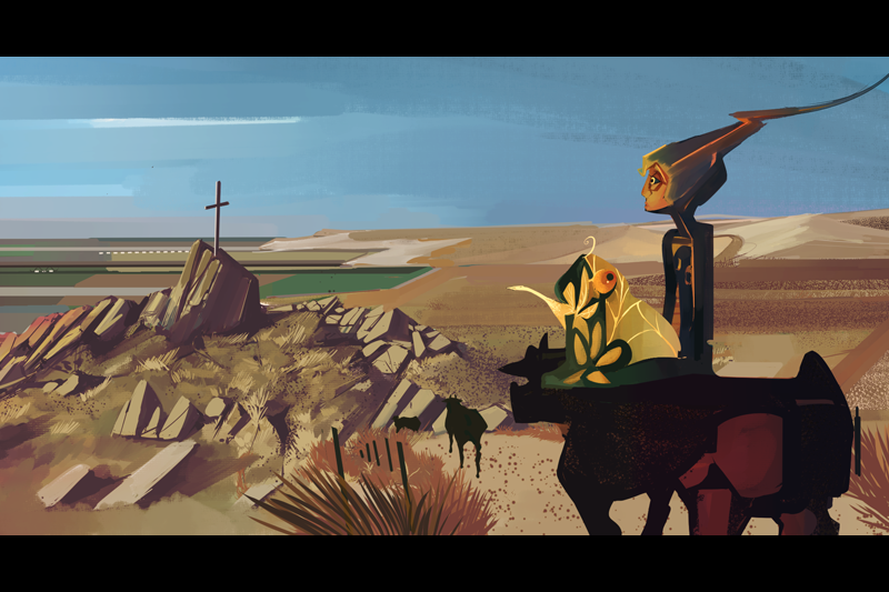 Character in desert looking at cross