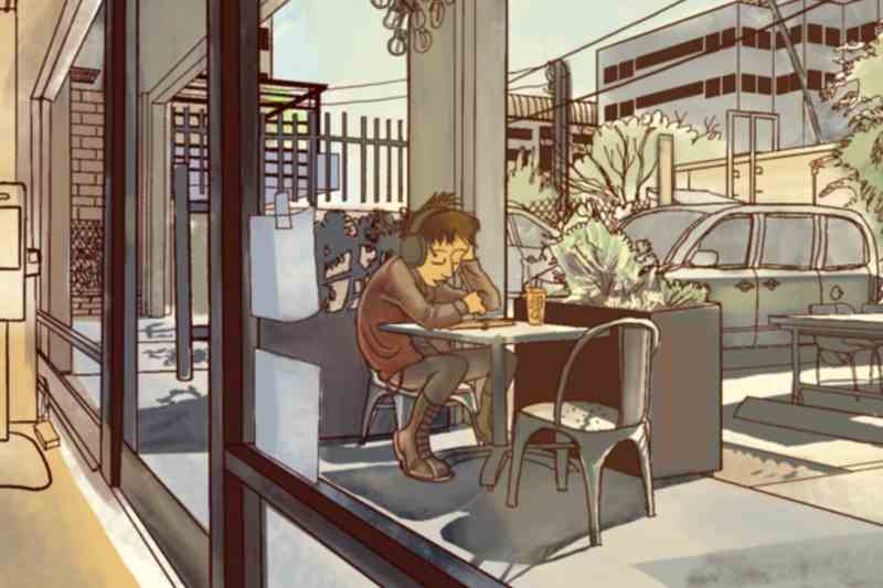 Character sitting outside at table