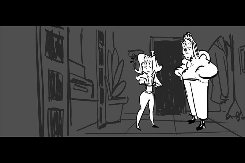 Still image from animation of 2 animated characters standing in a room. 