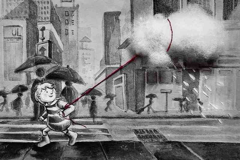 b/w boy flying a raincloud kite