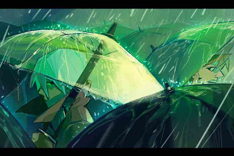 men under umbrellas - green photo