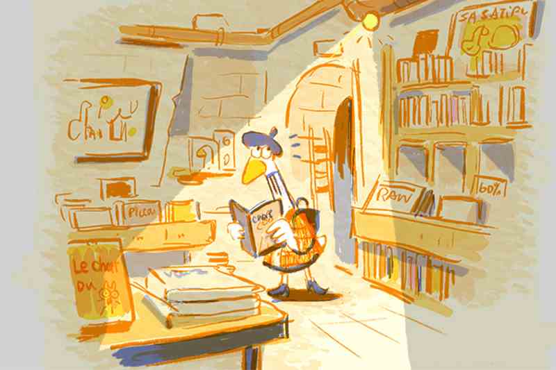 animated duck caught in bookstore