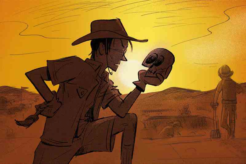 archaeologist inspecting a skull in the desert