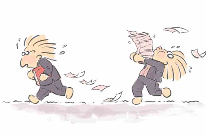 two men running with papers and books