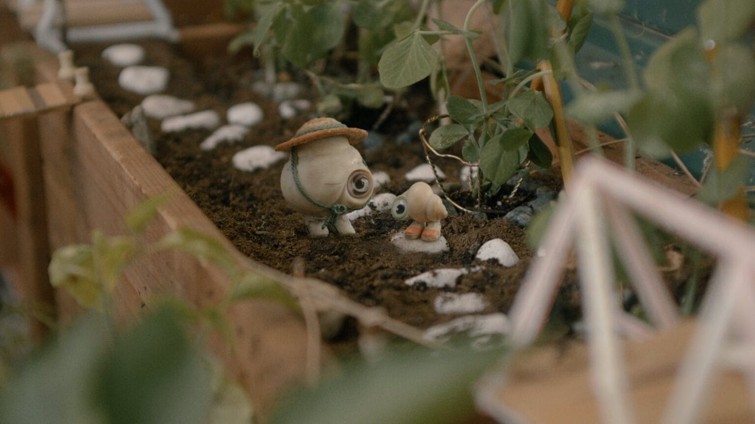 Stop-action animation still depicting two tiny snail shells, each with a single large eye, one in a hat and one wearing shoes, standing in a raised garden bed.