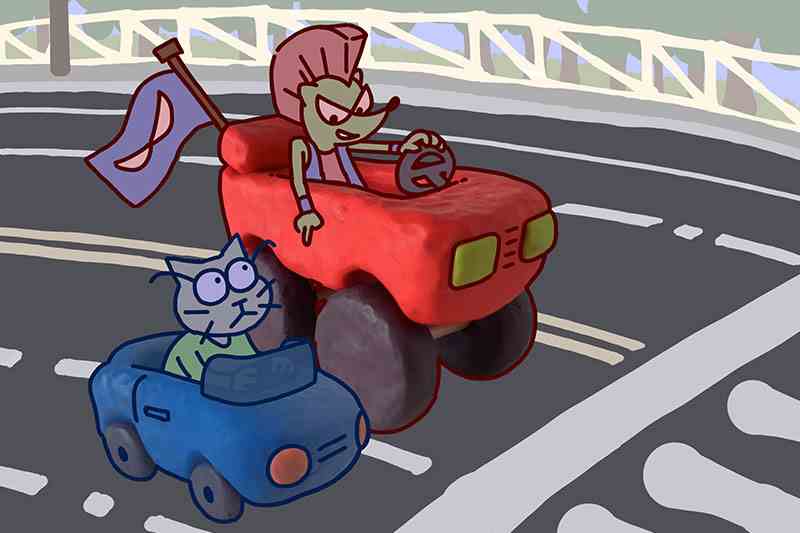 mouse with a mohawk in a large truck and cat with glasses in a small car at the starting line of a race