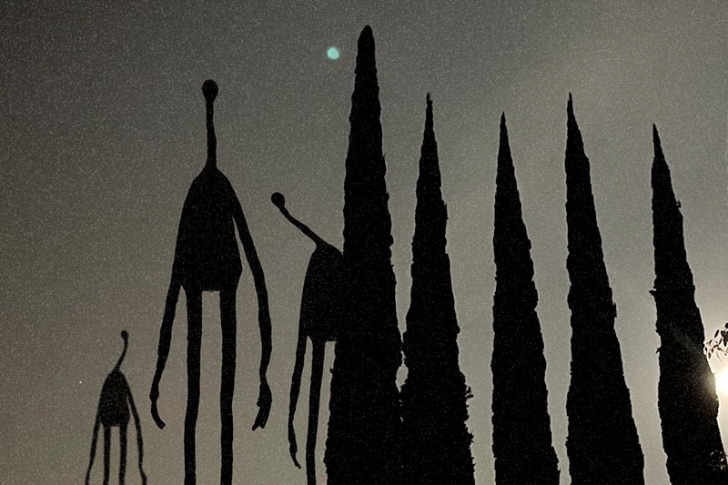 Animation of three tall characters standing among a group of tall tress