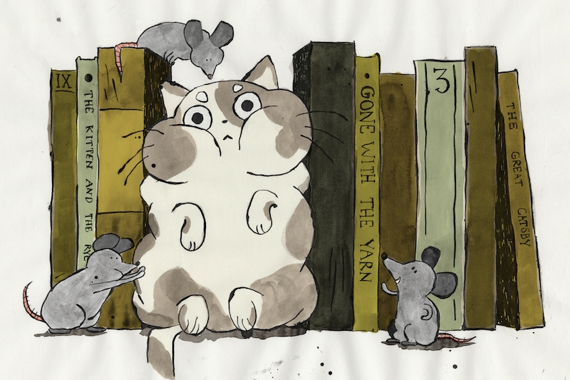 Animation of a cat and some mice sitting near a collection of books