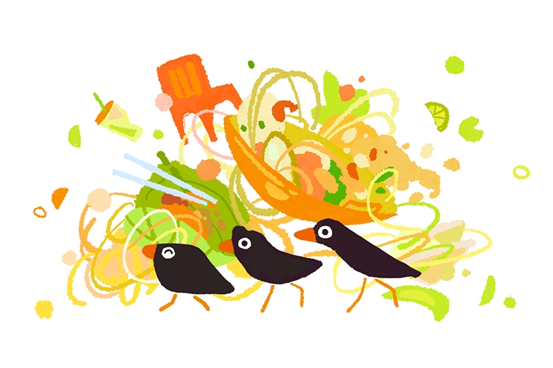 Animation of three birds with several colorful items behind them