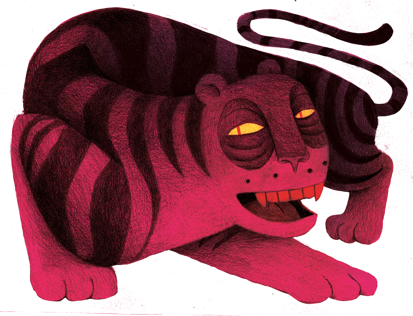 Illustration of a crouching red tiger with yellow eyes and a smile.