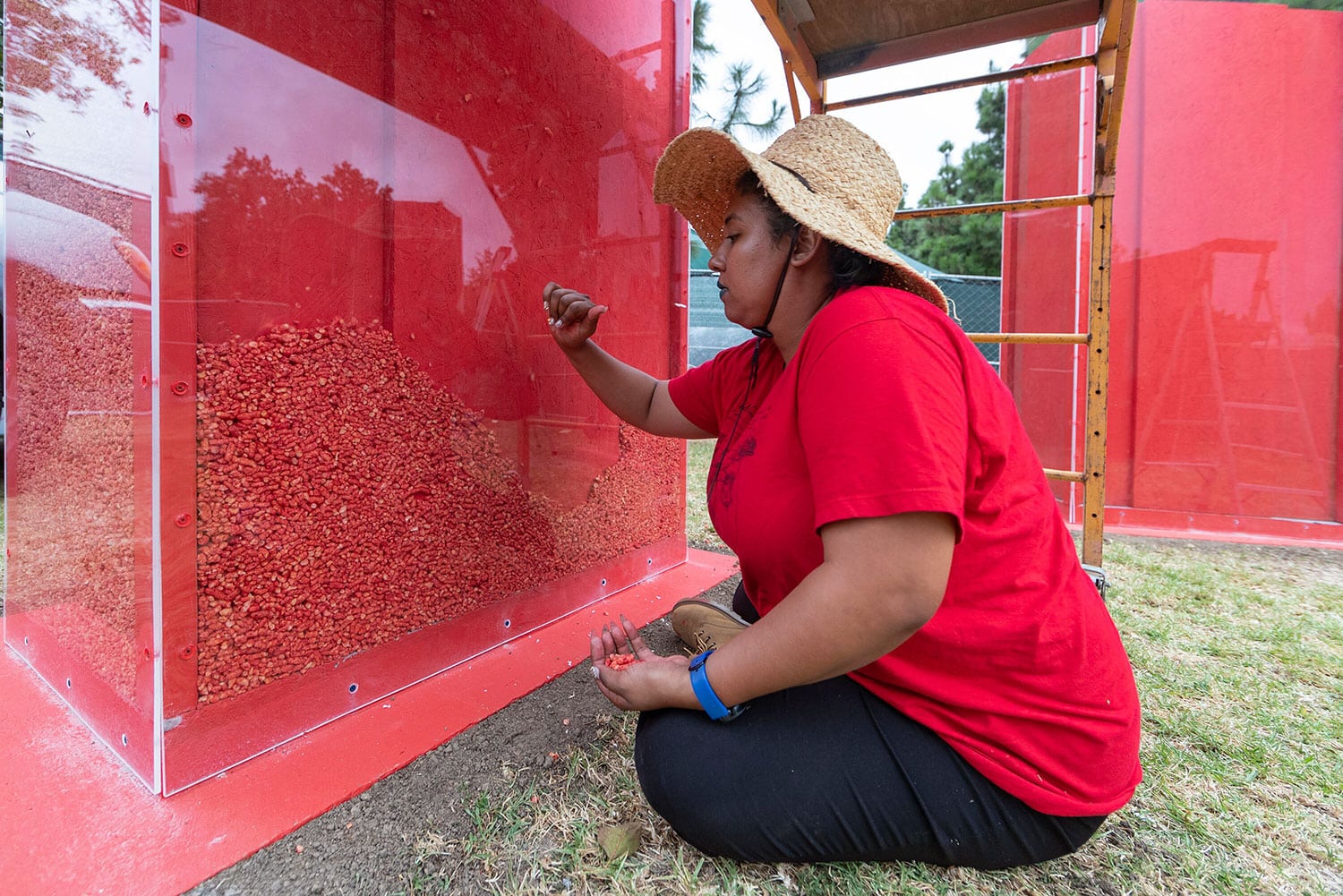 A woman sits on the ground outdoors next to a large transparent box filled with Hot Cheetos.