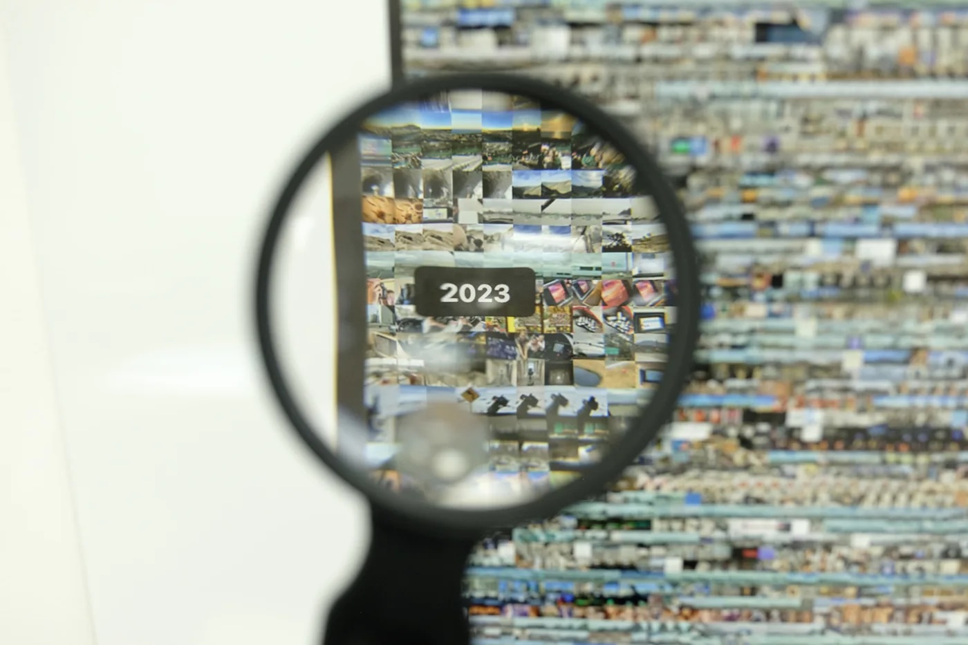 A magnifying glass over a wall of digital photo prints. In the center of the magnifying glass says "2023". 