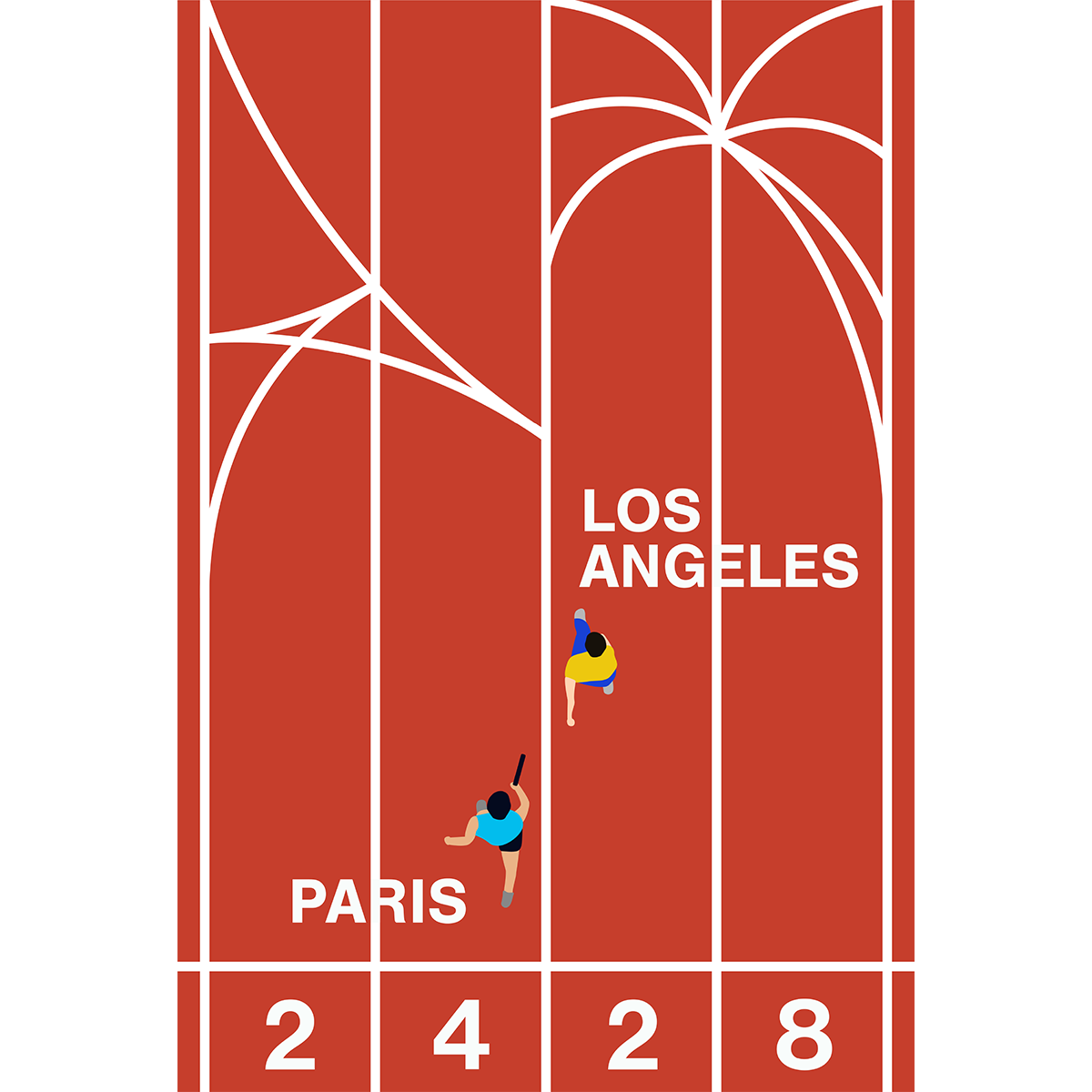 Illustration of two relay runners passing a baton, seen from above with the test: Paris 24 Los Angeles 28