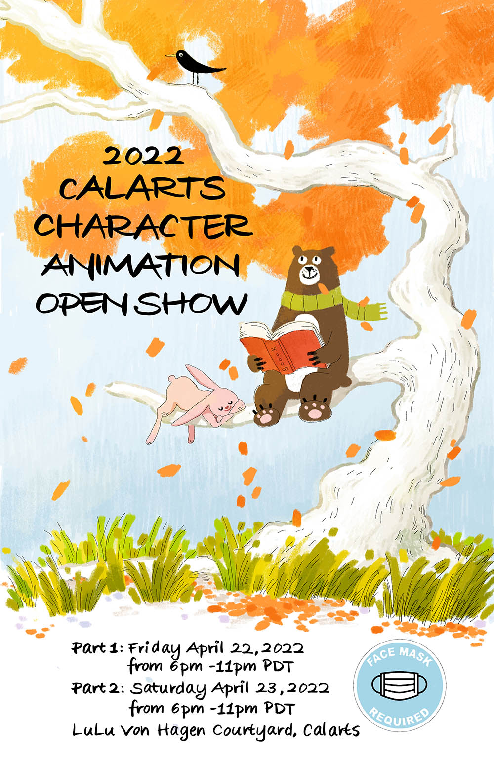 Poster for the 2022 CalArts Character Animation Open Show with event details and cartoon illustrations of a bear and rabbit in a tree.