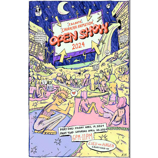 This image is a colorful poster for the "CalArts Character Animation Open Show 2024." It features a lively outdoor scene with students sitting on the ground, gazing up at a large screen in the night sky, surrounded by animated and whimsical elements like shooting stars, a moon, and various comic-style details.