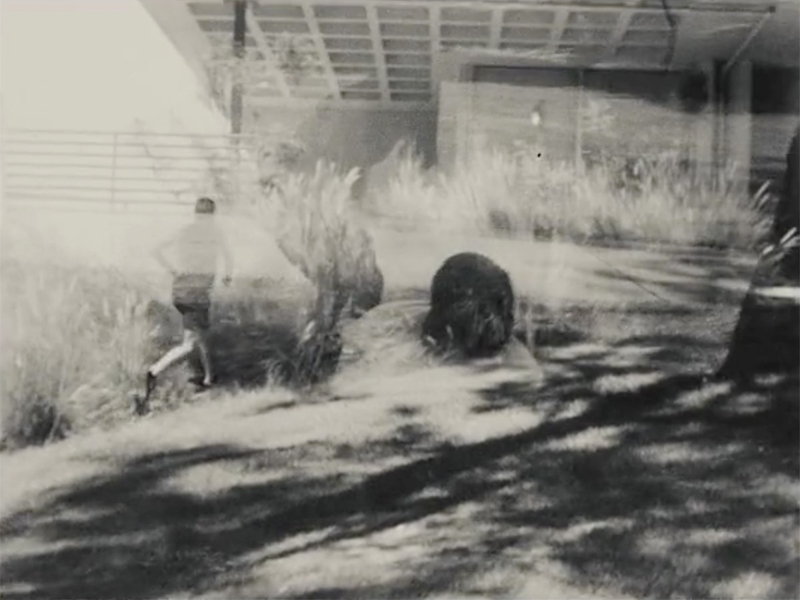 A blurry, abstracted, black-and-white image of a man running up a hillside toward a building