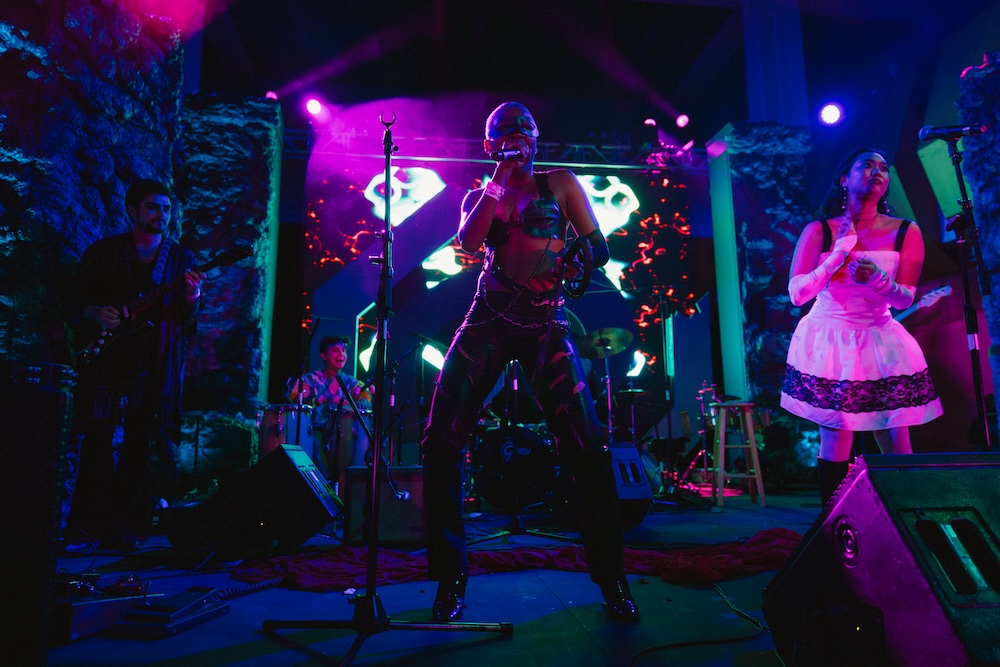 This image captures a dynamic live performance featuring a lead singer in edgy, futuristic attire under vibrant purple and blue lighting, with musicians on stage creating an immersive atmosphere. The eclectic mix of costumes and the dramatic backdrop contribute to a bold, otherworldly aesthetic.