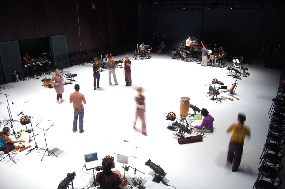 Small groups of musical instruments, stands, speakers, and technology are arranged on a large white floor. Some people play the instruments while others watch or walk around.