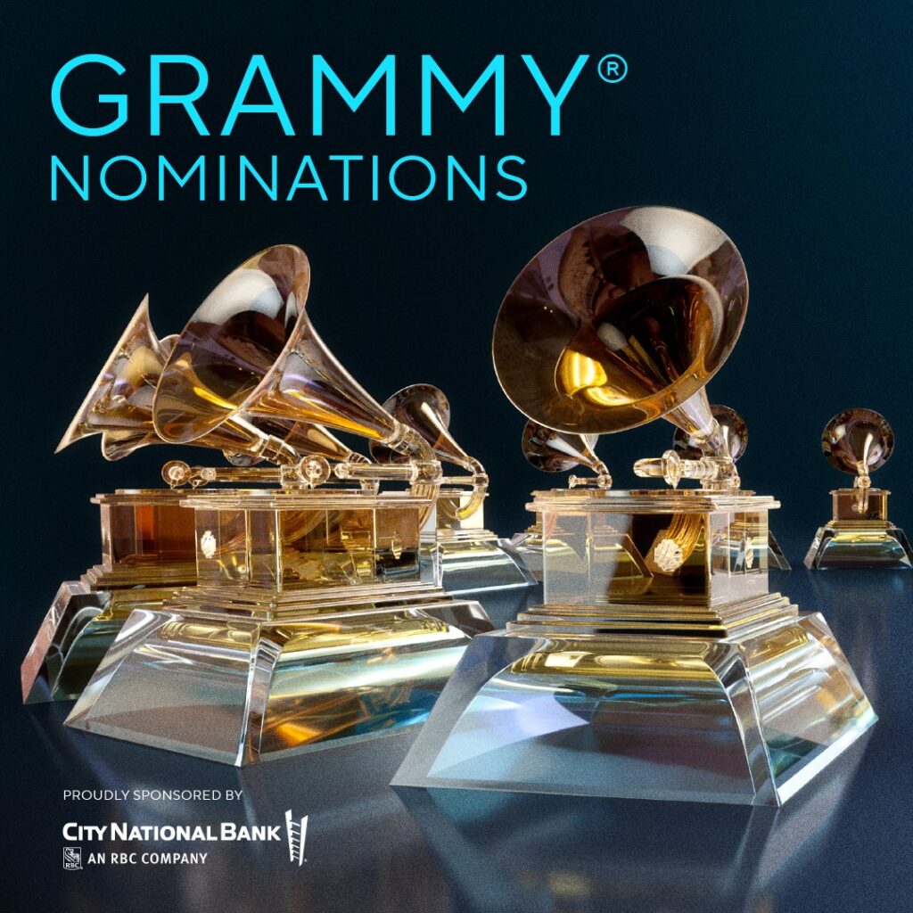 Promotional image showing several gramophone-shaped Grammy awards with the words “Grammy Nominations”