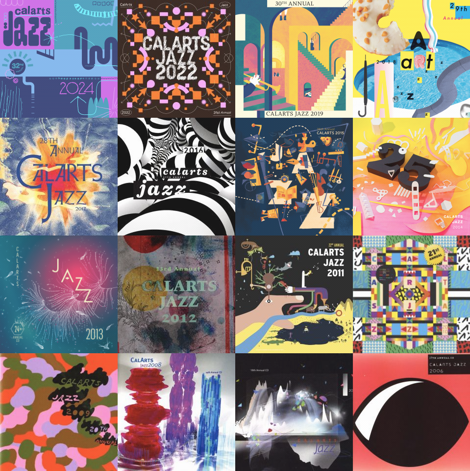 A grid of the covers of 16 CalArts Jazz album covers. 