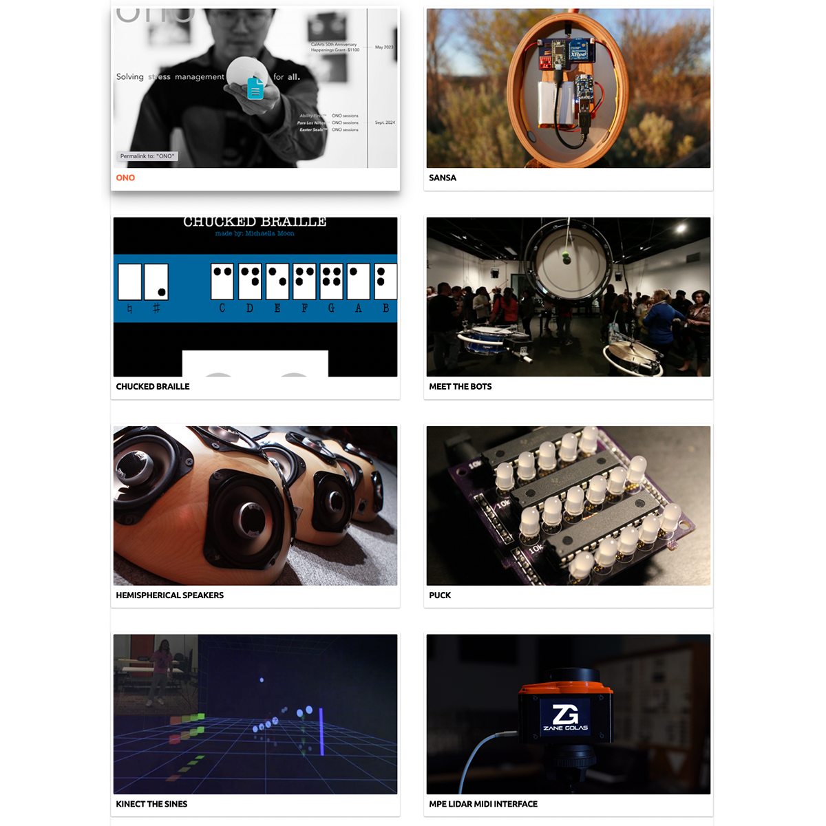 Eight thumbnail images of instruments made by students in the CalArts Music Technology program. 