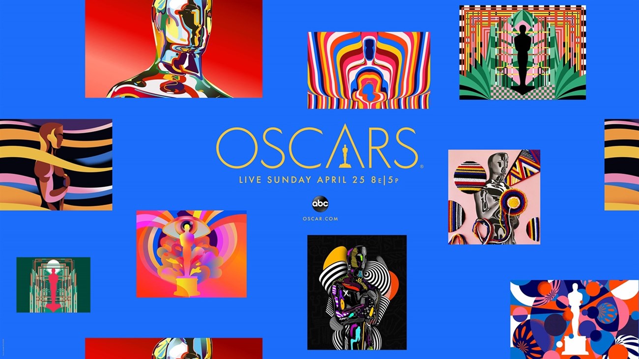 Colorful Oscars promotional graphic with abstract images and central gold text.