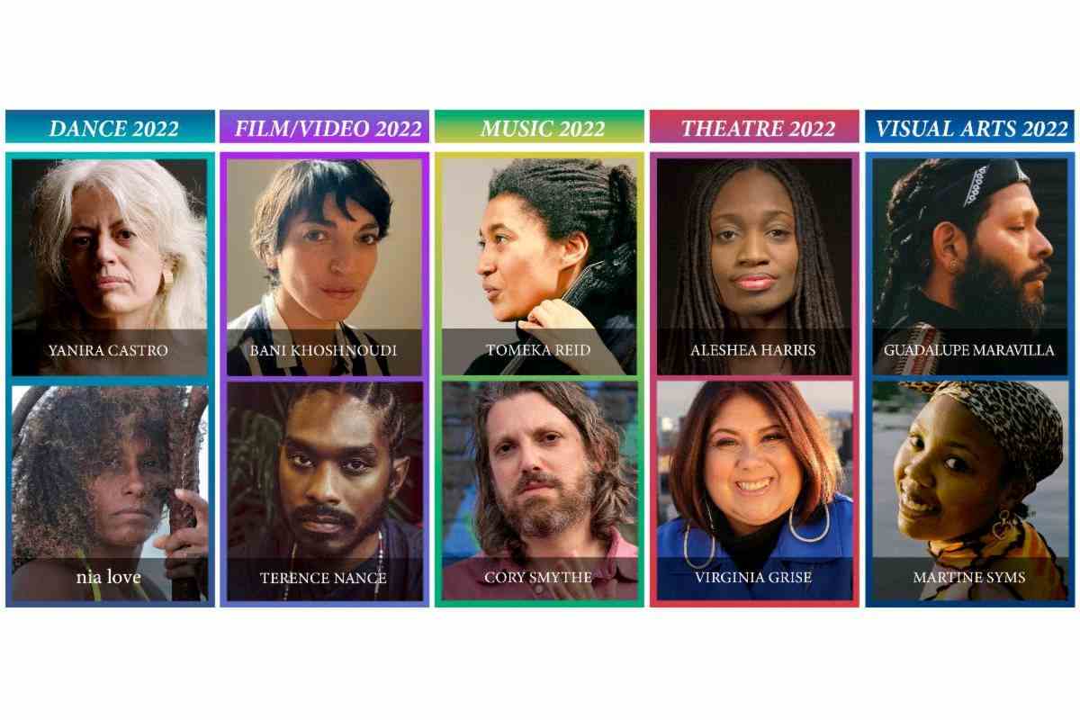 A grid of ten portraits featuring artists from Dance, Film/Video, Music, Theatre, and Visual Arts categories for 2022.