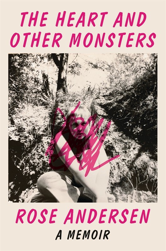 Cover of "The Heart and Other Monsters" featuring a black and white photo with a pink scribble overlay.