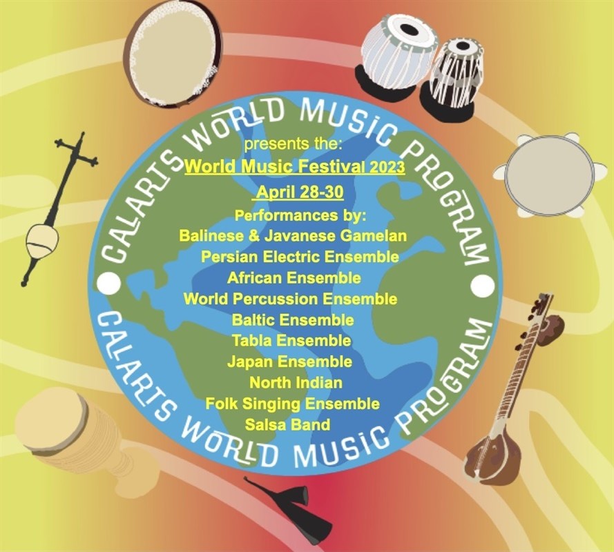 Promotional graphic for World Music Festival 2023 with central Earth emblem, festival details, and musical instruments surrounding it.