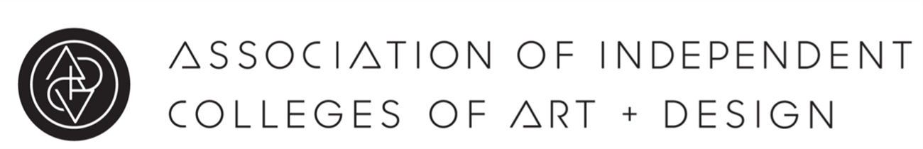 Logo of the Association of Independent Colleges of Art + Design with a circular emblem and text.