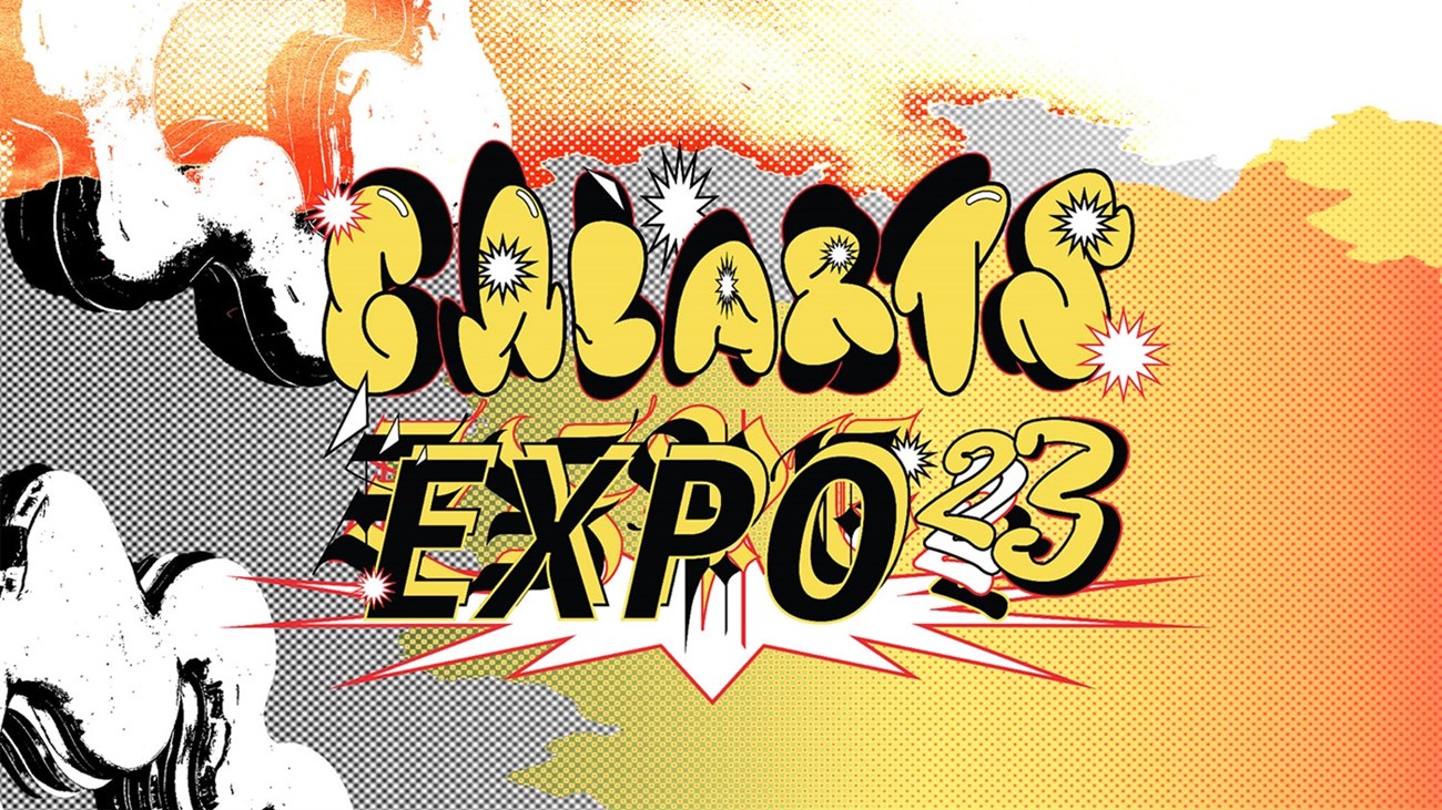 Comic-style graphic with "CALARTS EXPO '23" in bold yellow letters on a textured orange and gray background.