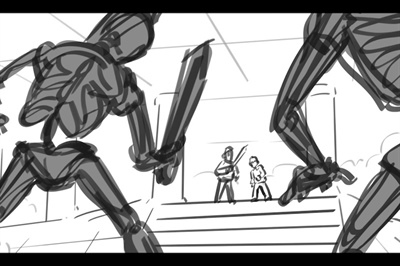 Two large robots with swords approach two smaller humans holding swords on a platform.