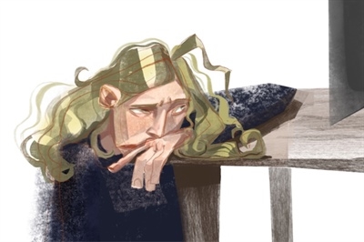  Illustration of a person with light green wavy hair resting their head on a hand in front of a table.