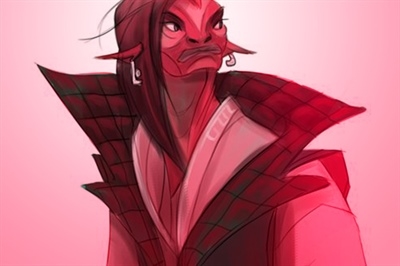 Illustration of a fantasy character with red skin, pointed ears, and long black hair, wearing a high-collared jacket with red and green checkered lining.