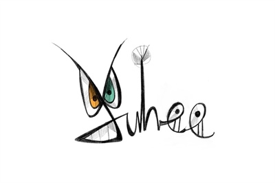 Abstract sketch spelling "Juhee" with colorful eyes and floral detail.