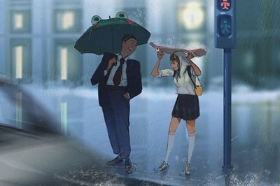 Man with a frog-themed umbrella and a woman holding a newspaper over her head standing in the rain.