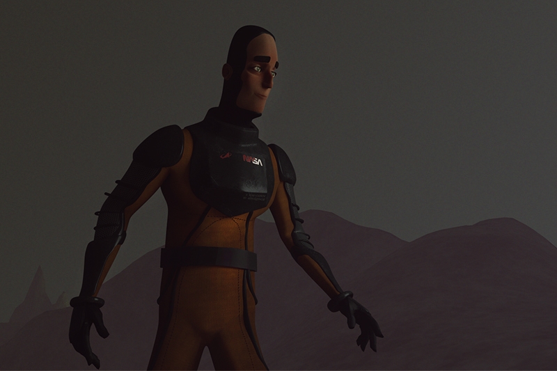 Animated character in an orange and black spacesuit in a dark, foggy environment.