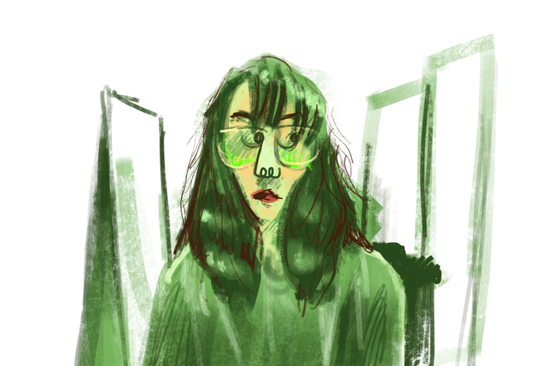 Abstract digital painting of a person with long hair and large green glasses in shades of green.