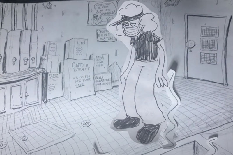 Hand-drawn scene of a room with a masked figure wearing a hat and glasses, boxes, dispensers, and posters with text.