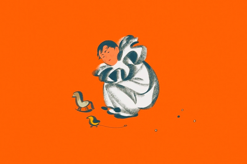 Illustration of a person in a white ruffled outfit sitting with two toy birds on an orange background.