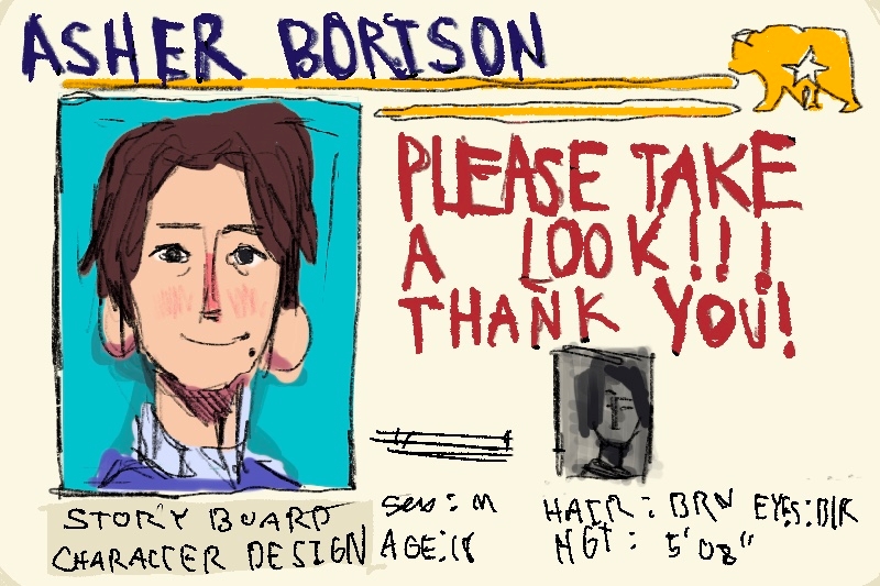 Hand-drawn poster with a portrait of a young man. Text includes the name "Asher Borison", "PLEASE TAKE A LOOK!!! THANK YOU!", and some personal details. There is an orange bear in the top right corner.