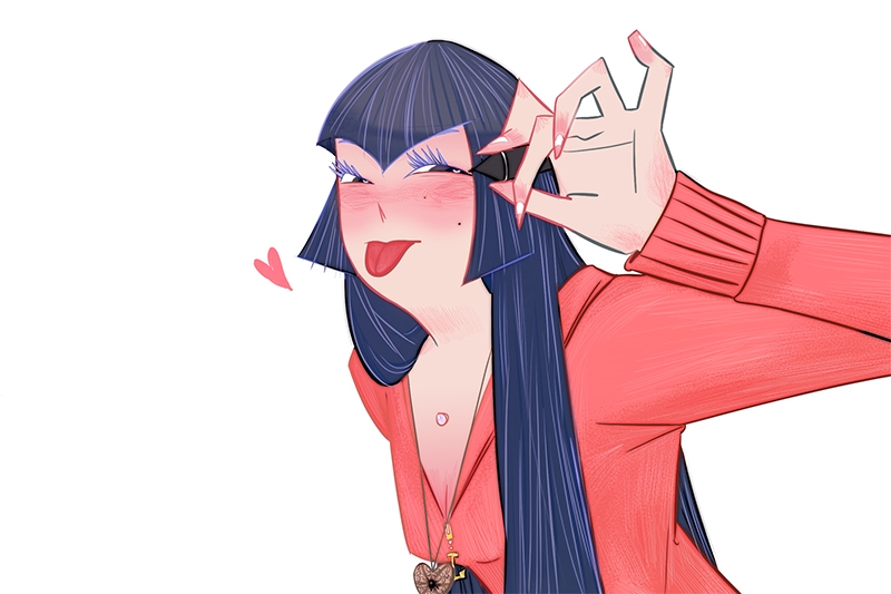 Animated character with long dark blue hair, red top, and playful expression against a white background.