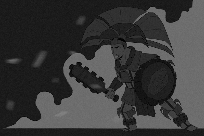 Animated warrior with a club and shield wearing a plumed headdress in a grayscale illustration.